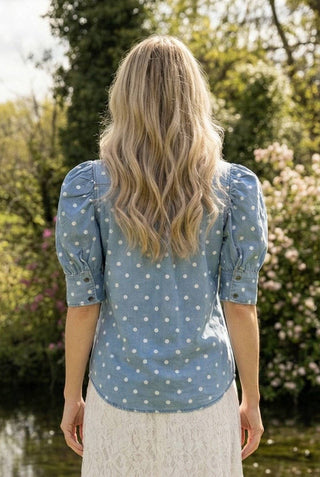 Polka Dot Collared Puff Sleeve Button Up Top
