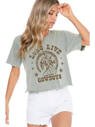Long Live Cowboys Graphic Washed Faux Crop Tee