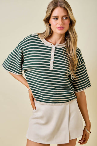 Striped Short Sleeve Henley Top w/ Dropped Shoulders