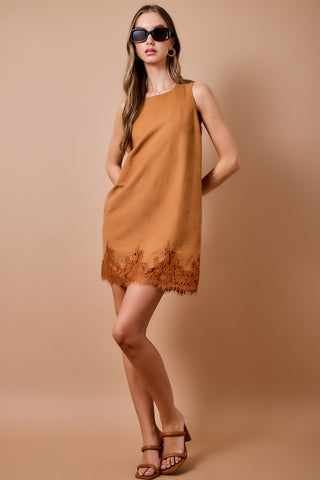 Sleeveless Suede Dress w/ Lace Detail