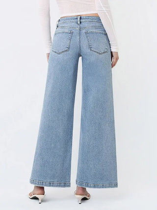 Olivia Mid Rise Seam Detail w/ Front Slit Hem Wide Leg Jeans by Vervet
