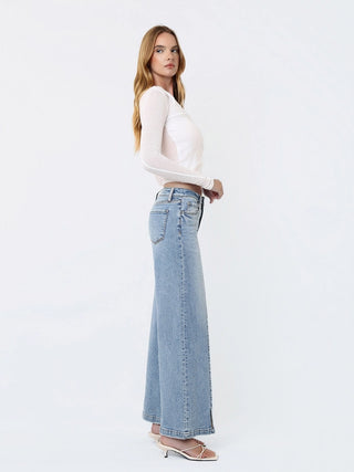 Olivia Mid Rise Seam Detail w/ Front Slit Hem Wide Leg Jeans by Vervet