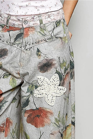 Oversized Crochet Patched Studded Floral Print Pants by POL Clothing