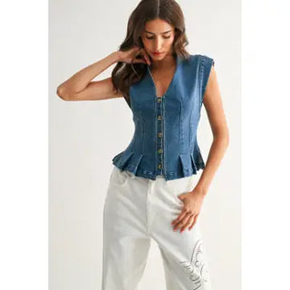 Button-Down Denim Sleeveless Peplum Top