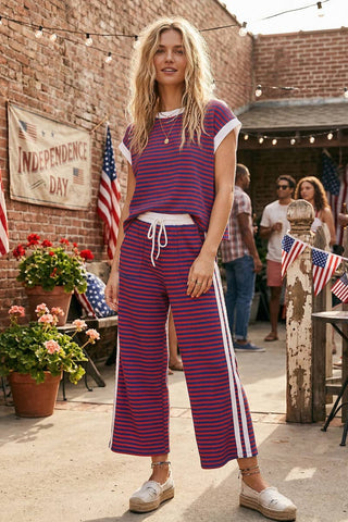 Lightweight Ribbed Striped Pant Set - Red, White, Blue