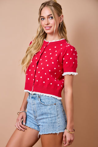 Polka-Dot Button Down Cardigan Top w/ Lettuce Hem