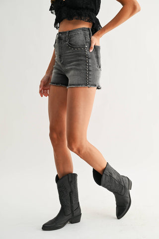 High-Rise Black Denim Shorts with Stud Accents