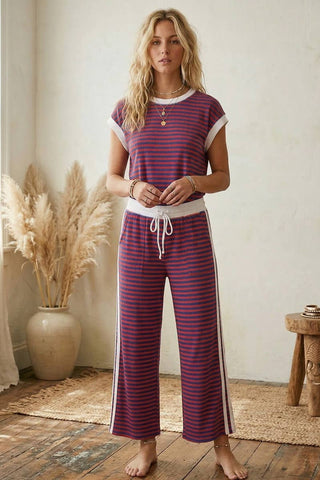Lightweight Ribbed Striped Pant Set - Red, White, Blue