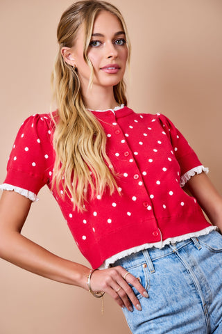 Polka-Dot Button Down Cardigan Top w/ Lettuce Hem