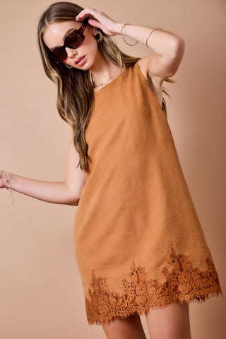 Sleeveless Suede Dress w/ Lace Detail