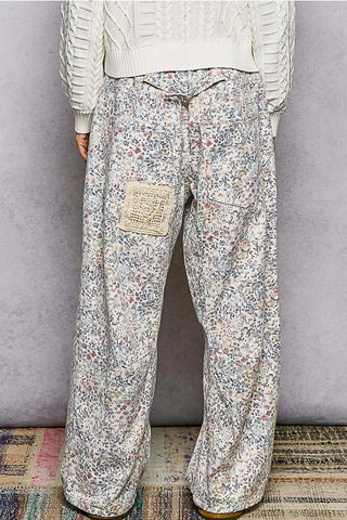 Twill Floral Denim Patchwork Pants by POL Clothing
