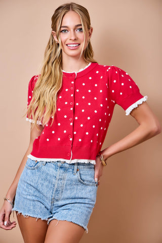 Polka-Dot Button Down Cardigan Top w/ Lettuce Hem