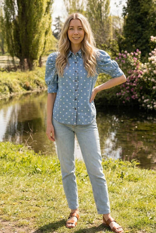 Polka Dot Collared Puff Sleeve Button Up Top