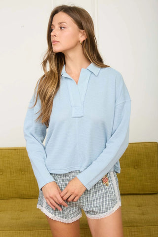 Lightweight Exposed Seam Long Sleeve Textured Knit Polo - 3 Colors!