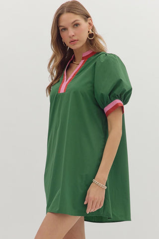 Hunter Green Dress w/ Multicolor Band Accents