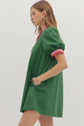 Hunter Green Dress w/ Multicolor Band Accents