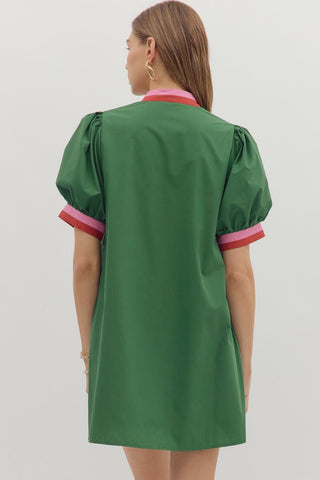 Hunter Green Dress w/ Multicolor Band Accents