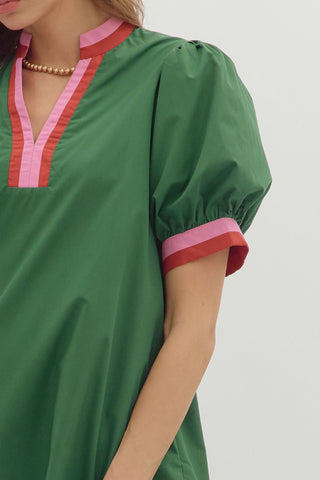 Hunter Green Dress w/ Multicolor Band Accents