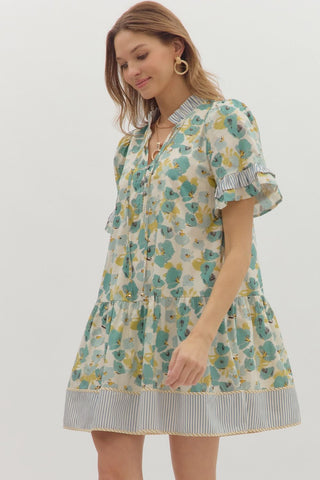 Floral Print Dress w/ Stripe Contrast
