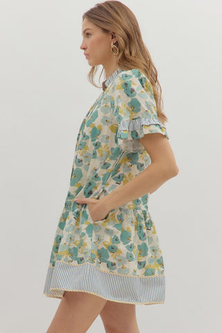 Floral Print Dress w/ Stripe Contrast