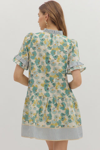Floral Print Dress w/ Stripe Contrast