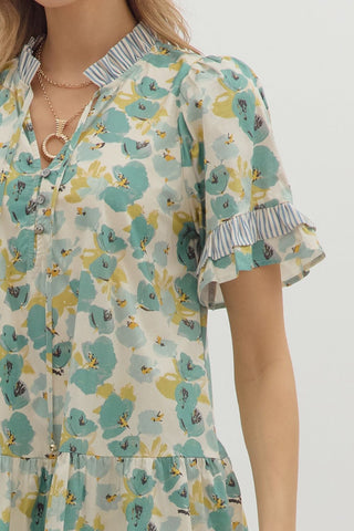 Floral Print Dress w/ Stripe Contrast