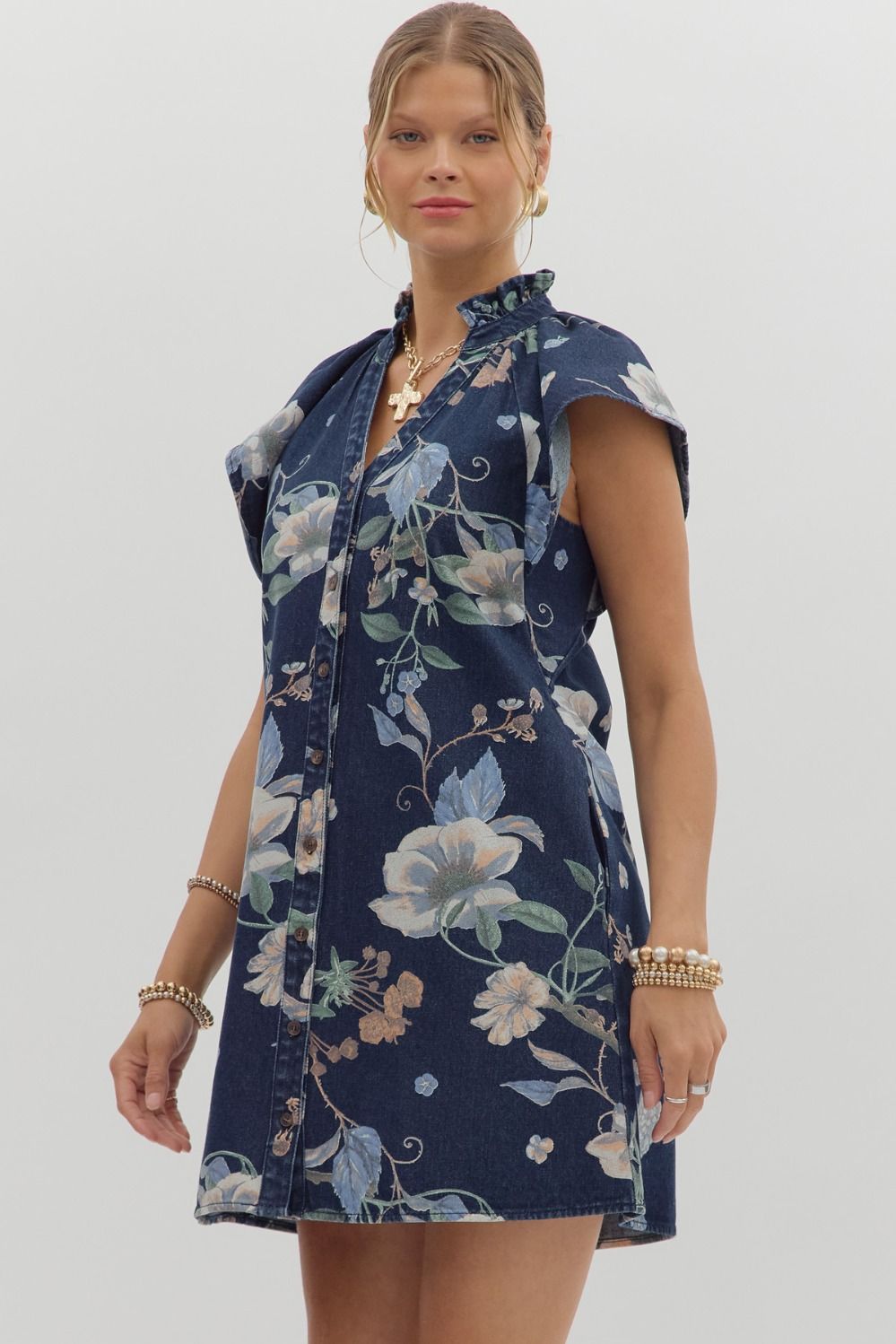 Floral Print Flutter Sleeve Denim Dress Large