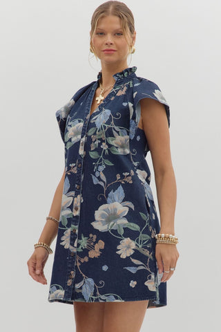 Floral Print Flutter Sleeve Denim Dress