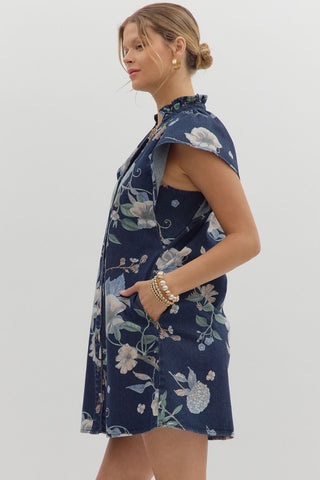 Floral Print Flutter Sleeve Denim Dress