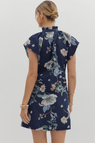 Floral Print Flutter Sleeve Denim Dress