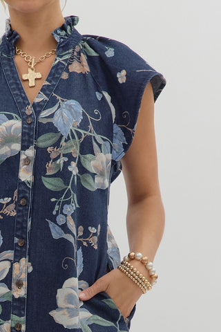 Floral Print Flutter Sleeve Denim Dress