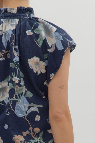 Floral Print Flutter Sleeve Denim Dress
