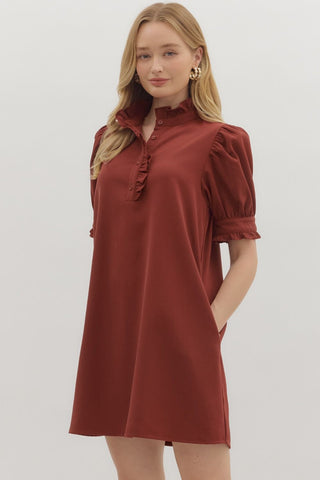 Puff Sleeve Ruffle Band Mini Dress in Brick