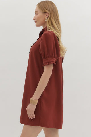 Puff Sleeve Ruffle Band Mini Dress in Brick