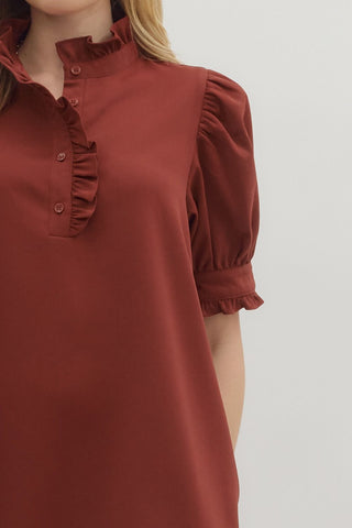 Puff Sleeve Ruffle Band Mini Dress in Brick