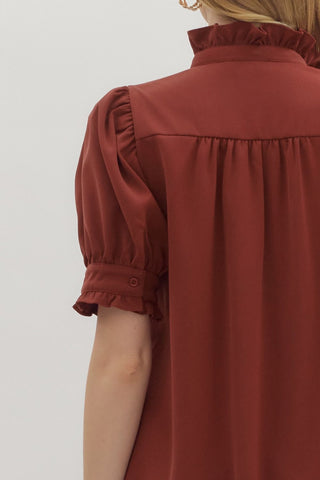 Puff Sleeve Ruffle Band Mini Dress in Brick