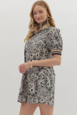 Floral Print Puff Sleeve Mini Dress w/ Ribbed Trim