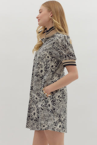 Floral Print Puff Sleeve Mini Dress w/ Ribbed Trim