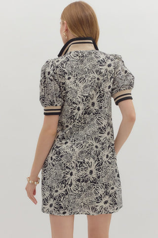 Floral Print Puff Sleeve Mini Dress w/ Ribbed Trim