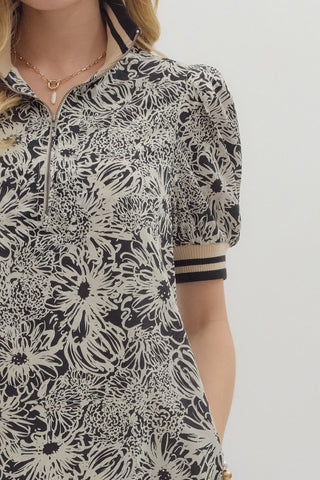 Floral Print Puff Sleeve Mini Dress w/ Ribbed Trim