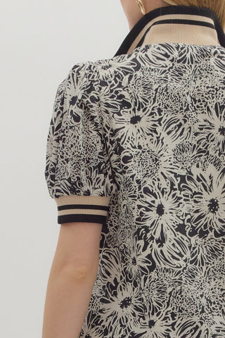 Floral Print Puff Sleeve Mini Dress w/ Ribbed Trim