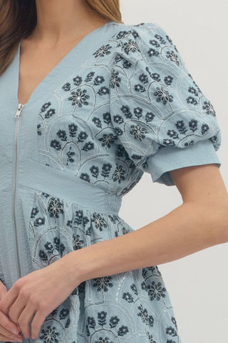 Smocked Floral Embroidered Puff Sleeve Dress w/ Zip Closure