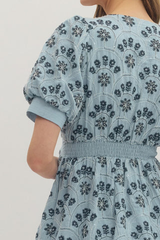 Smocked Floral Embroidered Puff Sleeve Dress w/ Zip Closure