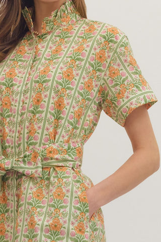 Botanical Print Midi Dress w/ Ruffle Accents