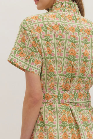 Botanical Print Midi Dress w/ Ruffle Accents