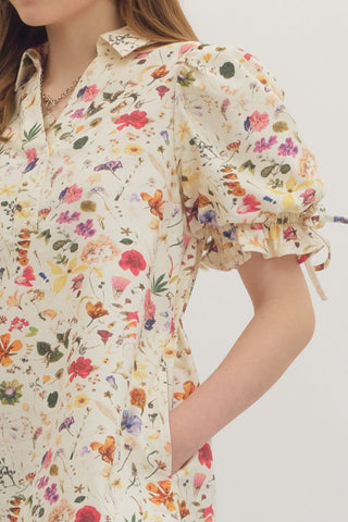 Puff Sleeve Mini Dress w/ Drawstring Waist