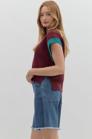 Cap Sleeved V-Neck Color Block Sweater