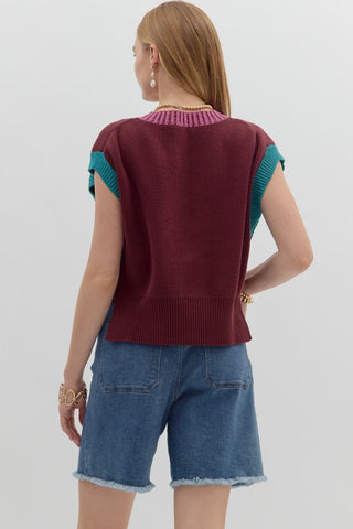 Cap Sleeved V-Neck Color Block Sweater