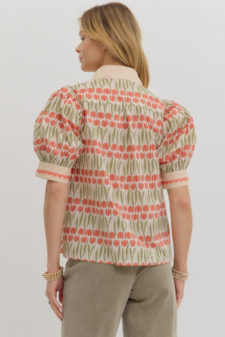 Floral Cuff Band Puff Sleeve Top