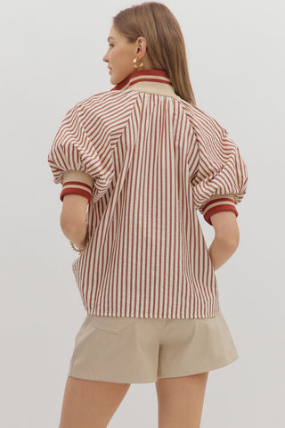 Striped Half Zip Top w/ Accent Band Trim